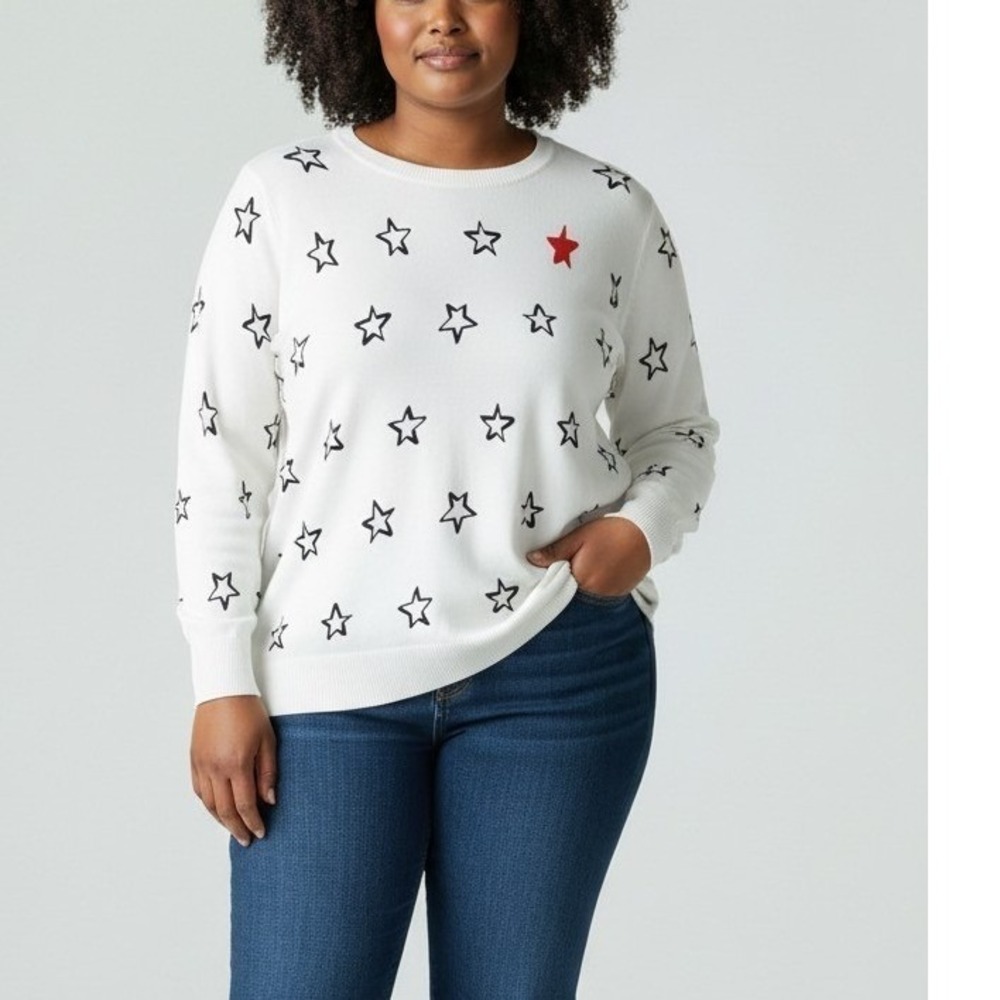 Marled Reunited Clothing Womens Star Print Crew Neck Top White Plus 1X NWT